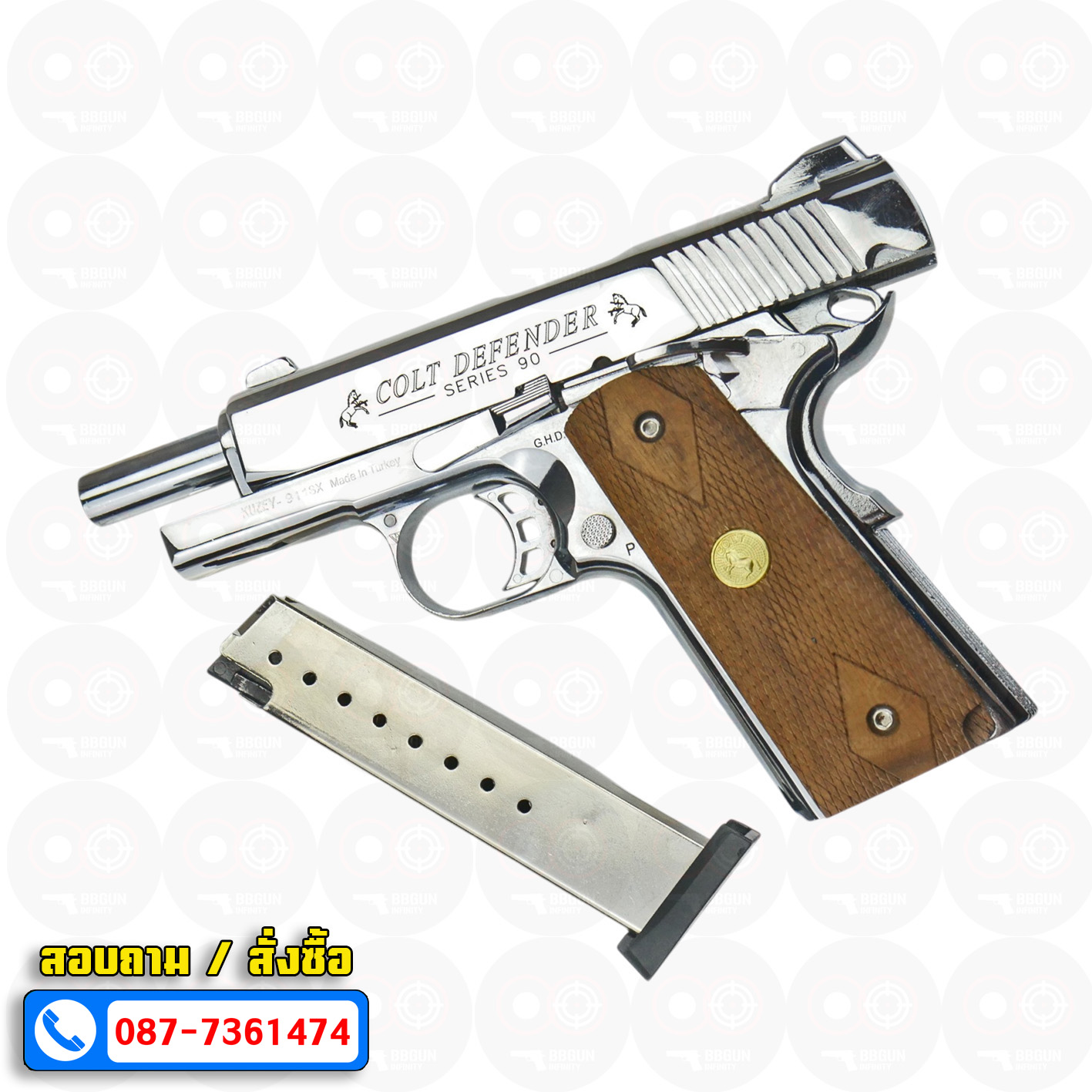 Blank Gun KUZEY M1911 COLT'S DEFENDER SERIES 90 ลำกล้อง 4 นิ้ว เงินเงา แบลงค์กัน ด้ามไม้ (แถมกล่องใส่ปืน)