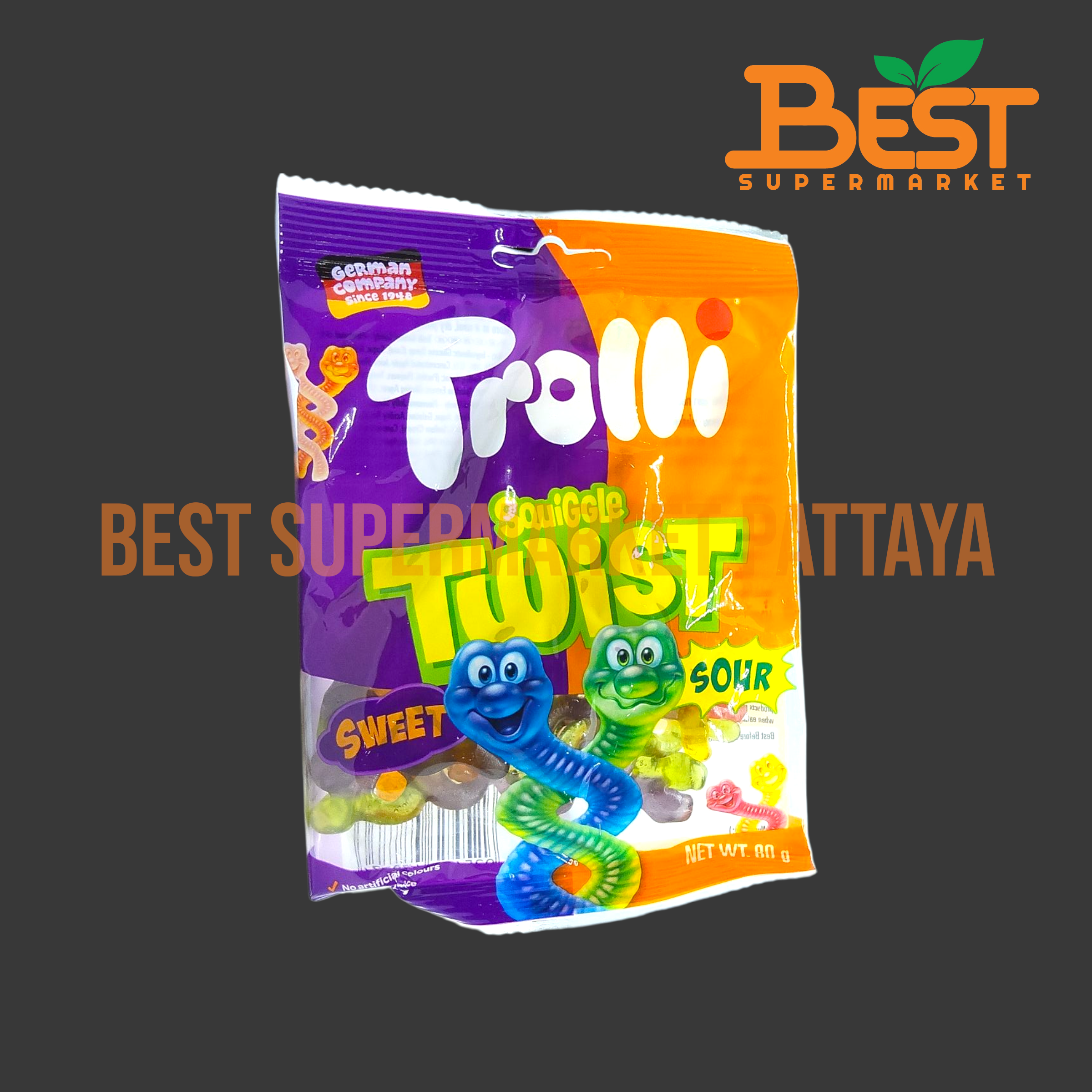 ทรอลลี่ สควิกเกิ้ล ทวิสต์ วุ้นเจลาติน กลิ่นผลไม้ต่างๆ 80 กรัม.Trolli Squiggle Twist 80g.