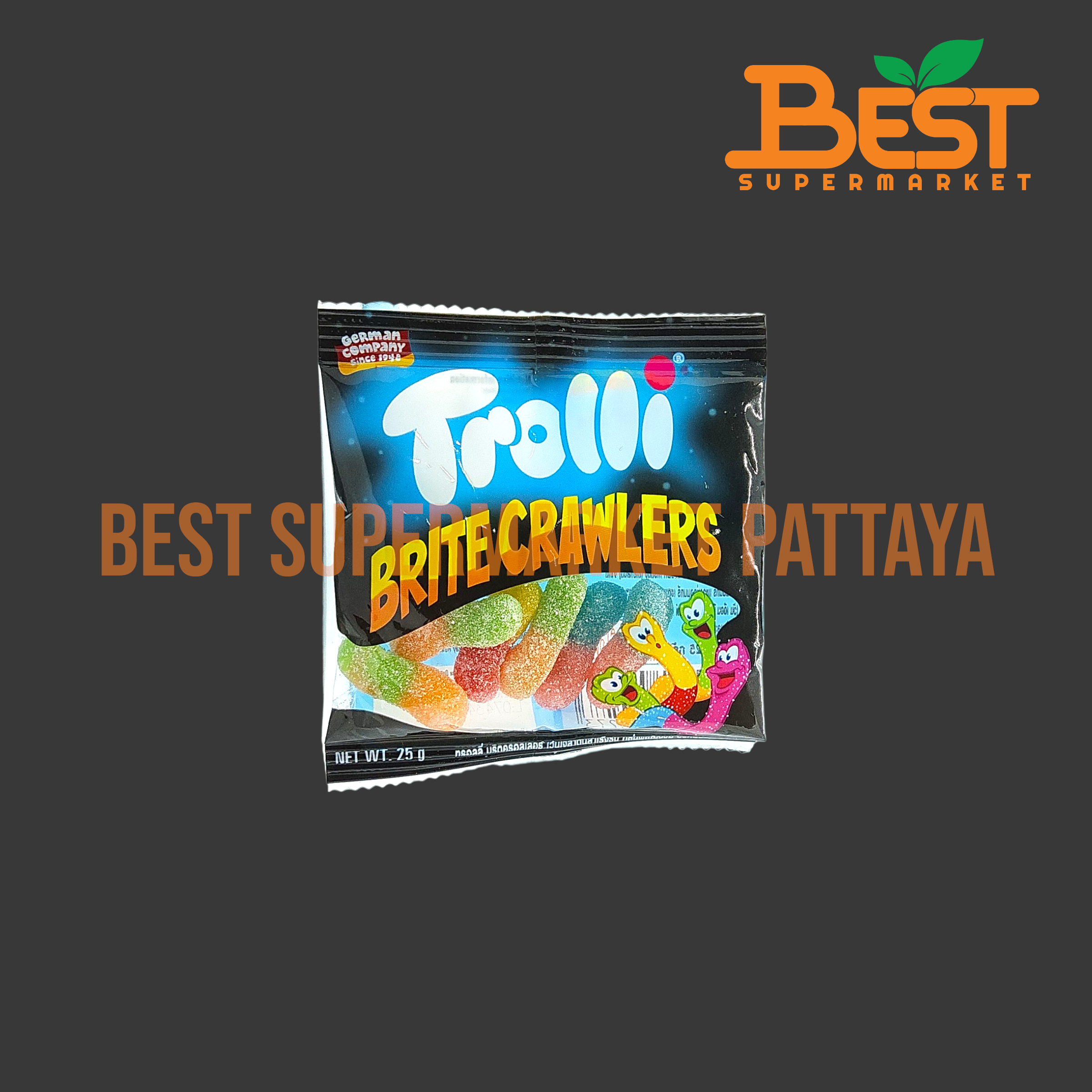 ทรอลลี่ วุ้นเจลาตินสำเร็จรูป กลิ่นผลไม้รวม รูปหนอน 25 กรัม.Trolli Britecrawlers 25g.