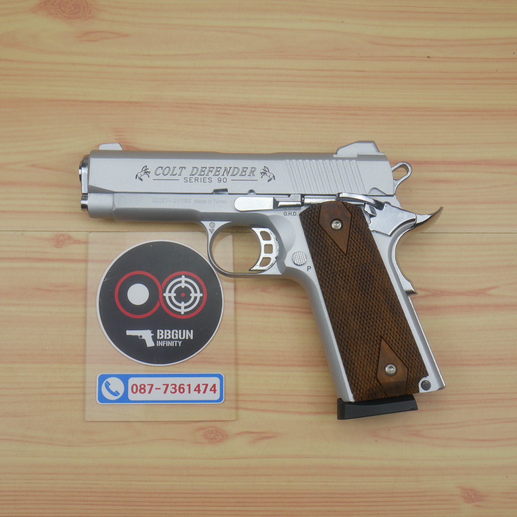 แบลงค์กัน KUZEY M1911 COLT'S DEFENDER SERIES 90 สีเงินด้าน 4 นิ้ว ด้ามไม้ Blank Gun