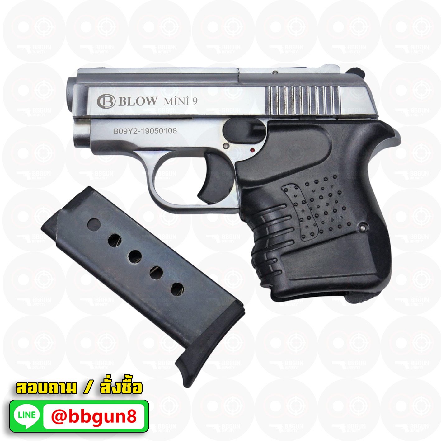 แบลงค์กัน BLOW MINI 9 MATTE CHROME เงินด้าน BLANK GUN ( 2 แม็กกาซีน+กล่องใส่ปืน )