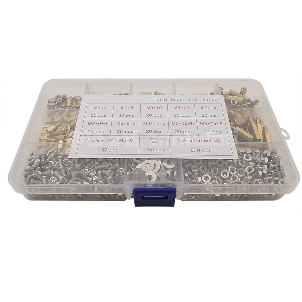 M3-910-Brass ชุดเสาทองเหลือง นอต สกรู M3 910ชิ้น 910Pcs M3 Hex Brass Standoff + Nut + Screw kit เสายึดแผ่นปริ้น เสารองบอร์ด ขารองบอร์ด เสารองแผ่น PCB