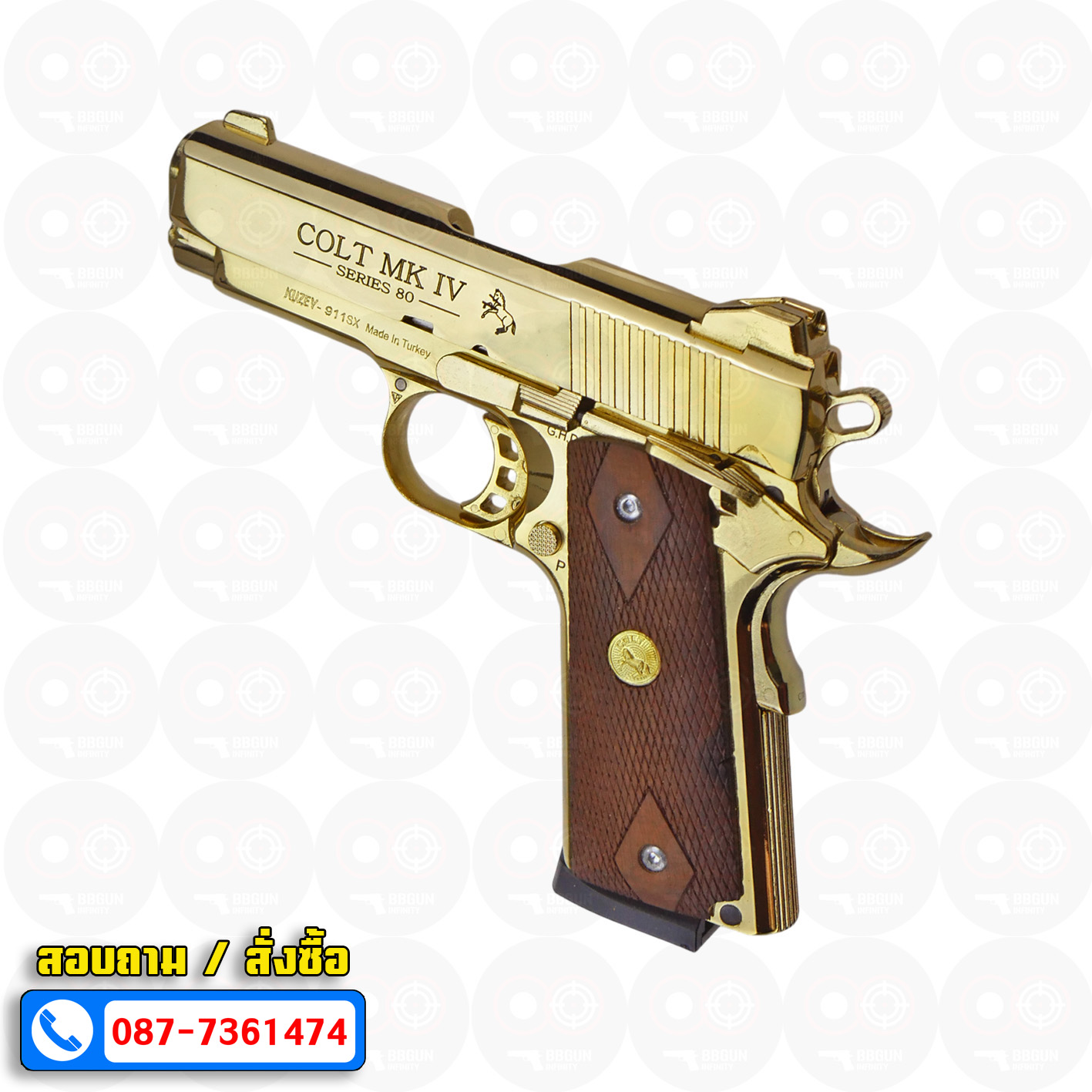 Blank Gun KUZEY M1911 COLT MK IV SERIES 80 ลำกล้อง 4 นิ้ว สีทอง แบลงค์กัน ด้ามไม้
