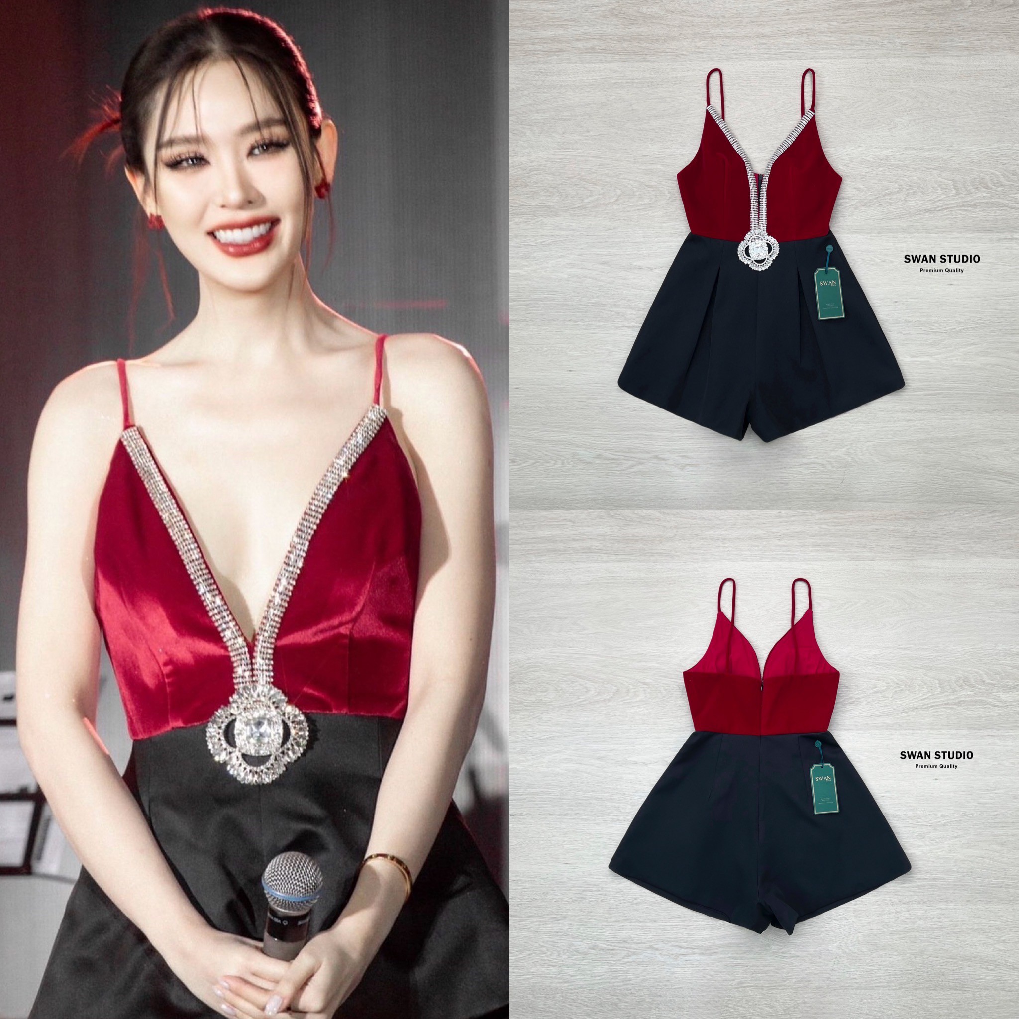 🌸 XS S 🌸SWAN Set 2 ชิ้น จั้มสูท + เข็มกลัด จั้มสูทขาสั้นทูโทน