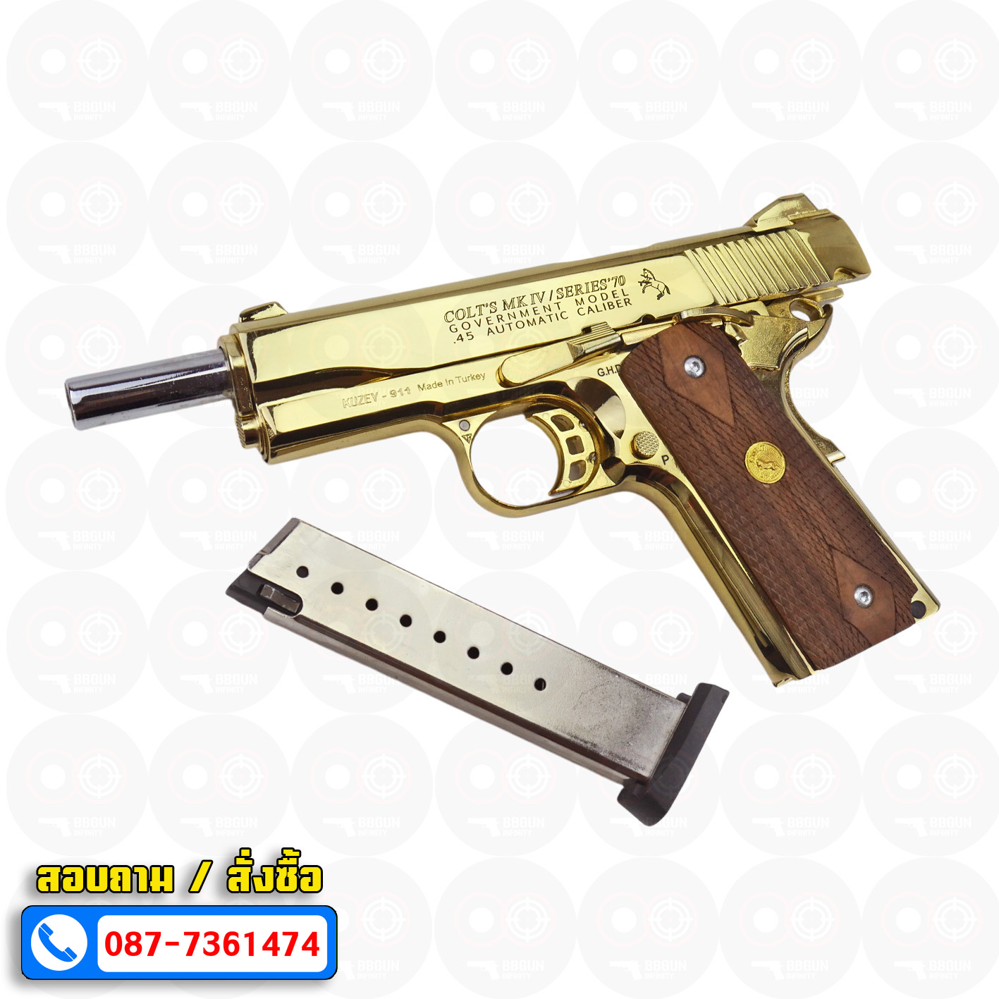 แบลงค์กัน KUZEY M1911 ลำ 5 นิ้ว COLT'S MK IV SERIES'70 blank gun สีทอง ด้ามไม้