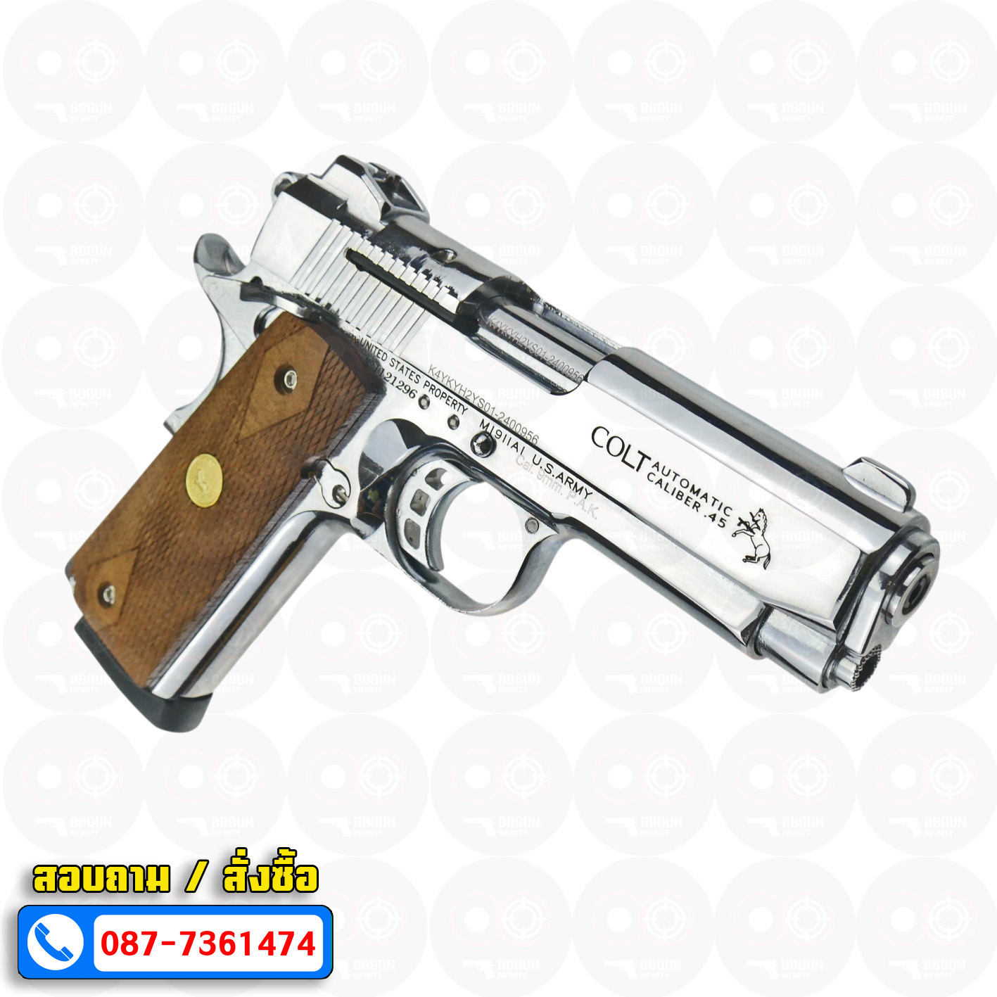 Blank Gun KUZEY M1911 COLT'S DEFENDER SERIES 90 ลำกล้อง 4 นิ้ว เงินเงา แบลงค์กัน ด้ามไม้ (แถมกล่องใส่ปืน)