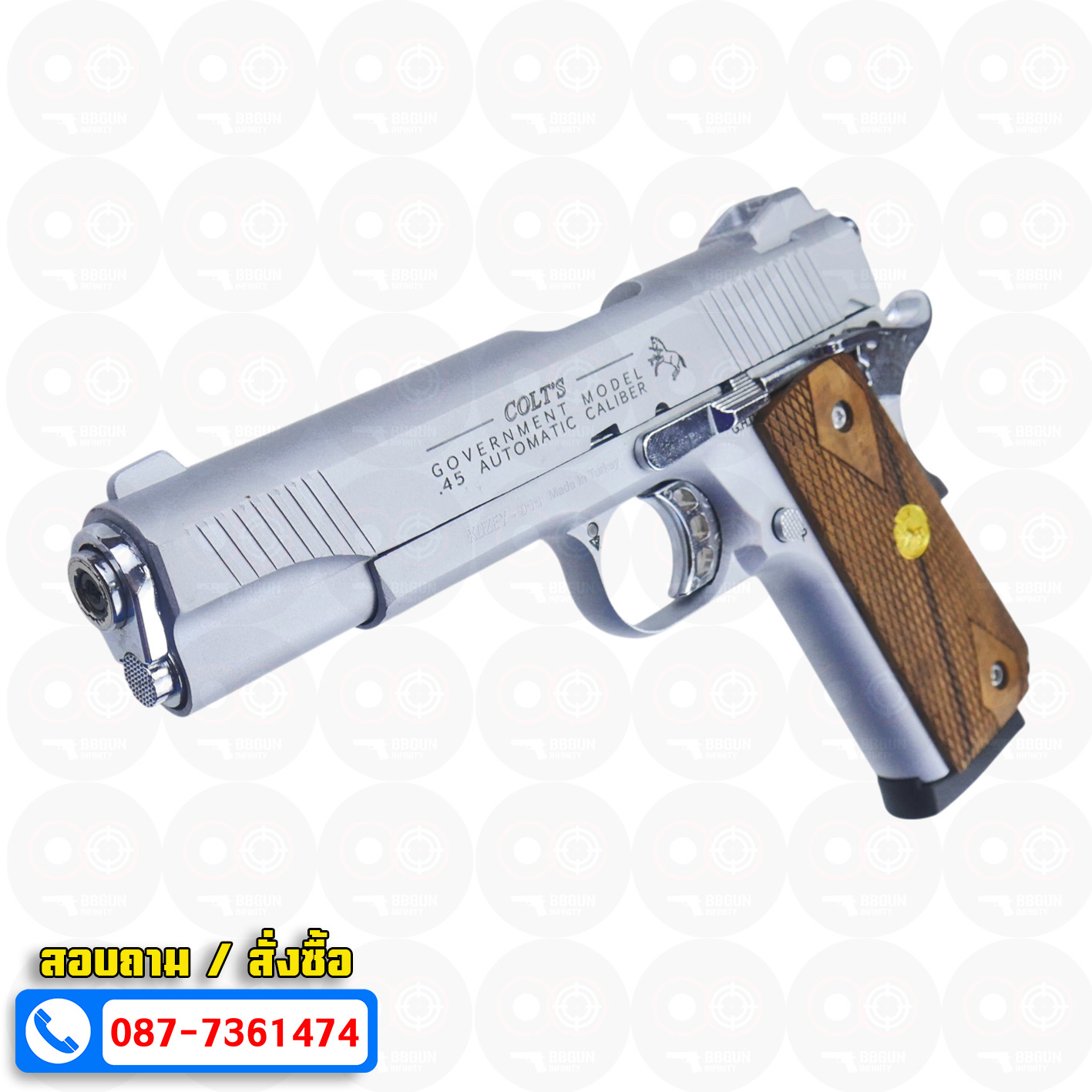 แบลงค์กัน KUZEY M1911 ลำกล้อง 5 นิ้ว COLT GOVERMENT 100 Year สีเงินด้าน blank gun ด้ามไม้ (แถมกล่องใส่ปืน)