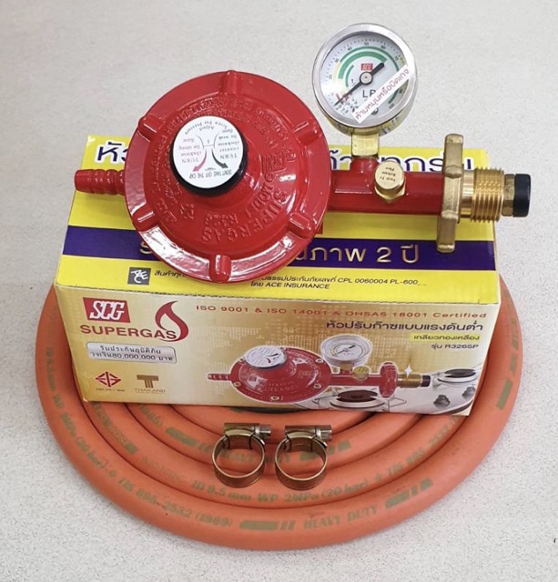 SCG หัวปรับแก๊สแรงดันต่ำ พร้อมชุดเซฟตี้และเกจวัด รุ่น R326SP พร้อมสายแก๊สคุณภาพสูง NCR มาตรฐาน มอก. 2 เมตร ตัวรัด 2 ตัว
