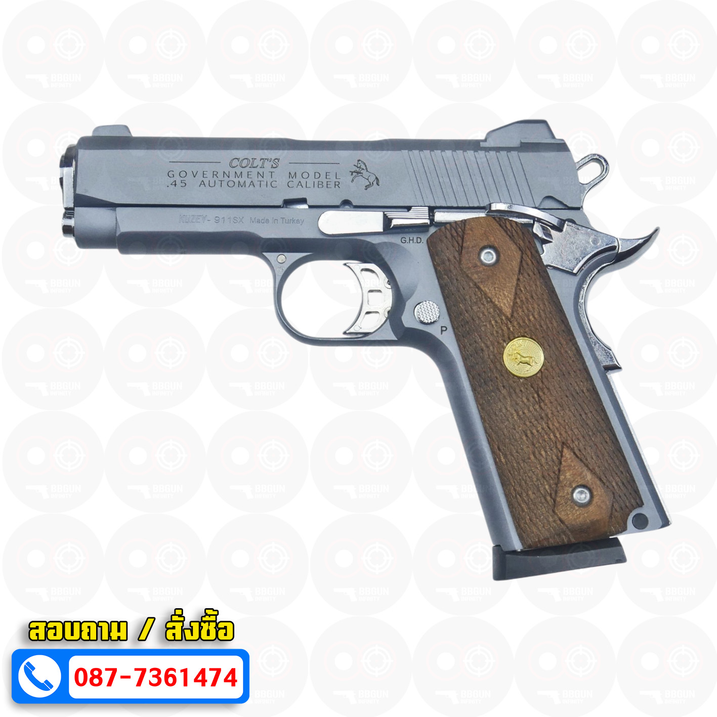 แบลงค์กัน KUZEY M1911 COLT GOVERMENT 100 Year Smoke 4 นิ้ว สีสโมค blank gun ด้ามไม้