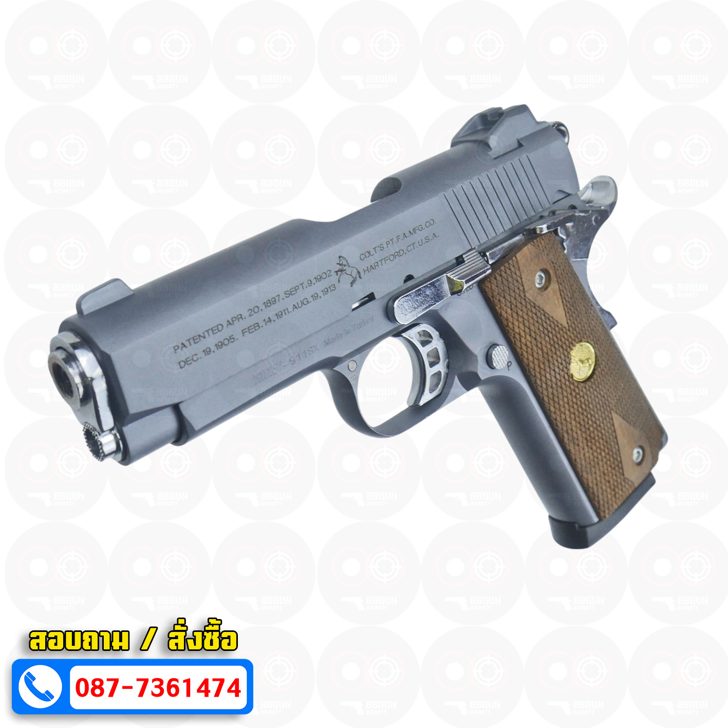แบลงค์กัน KUZEY M1911 COLT'S 100 ปี สีสโมค 4 นิ้ว blank gun ด้ามไม้