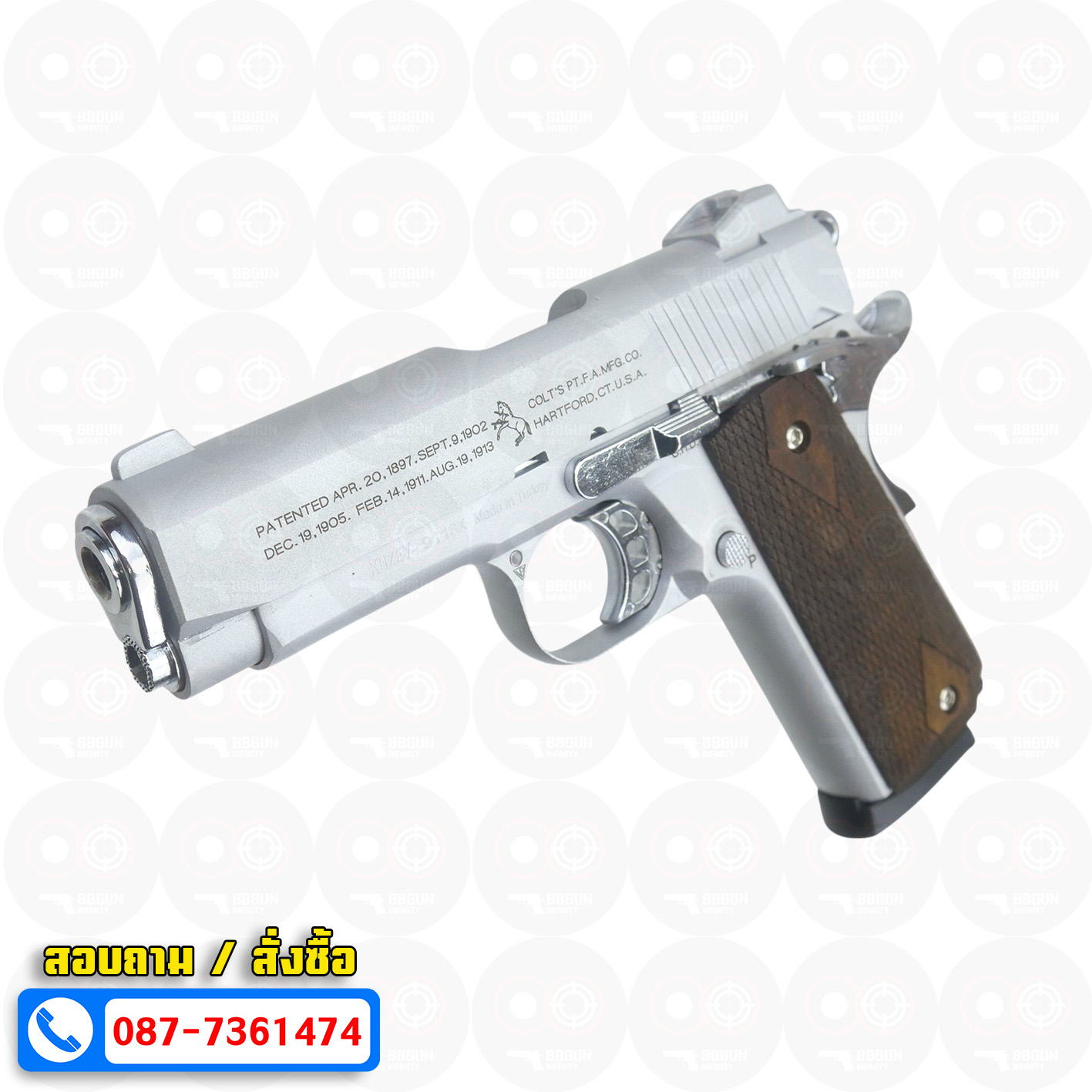 แบลงค์กัน KUZEY M1911 COLT'S 100 ปี สีเงินด้าน 4 นิ้ว ด้ามไม้ blank gun