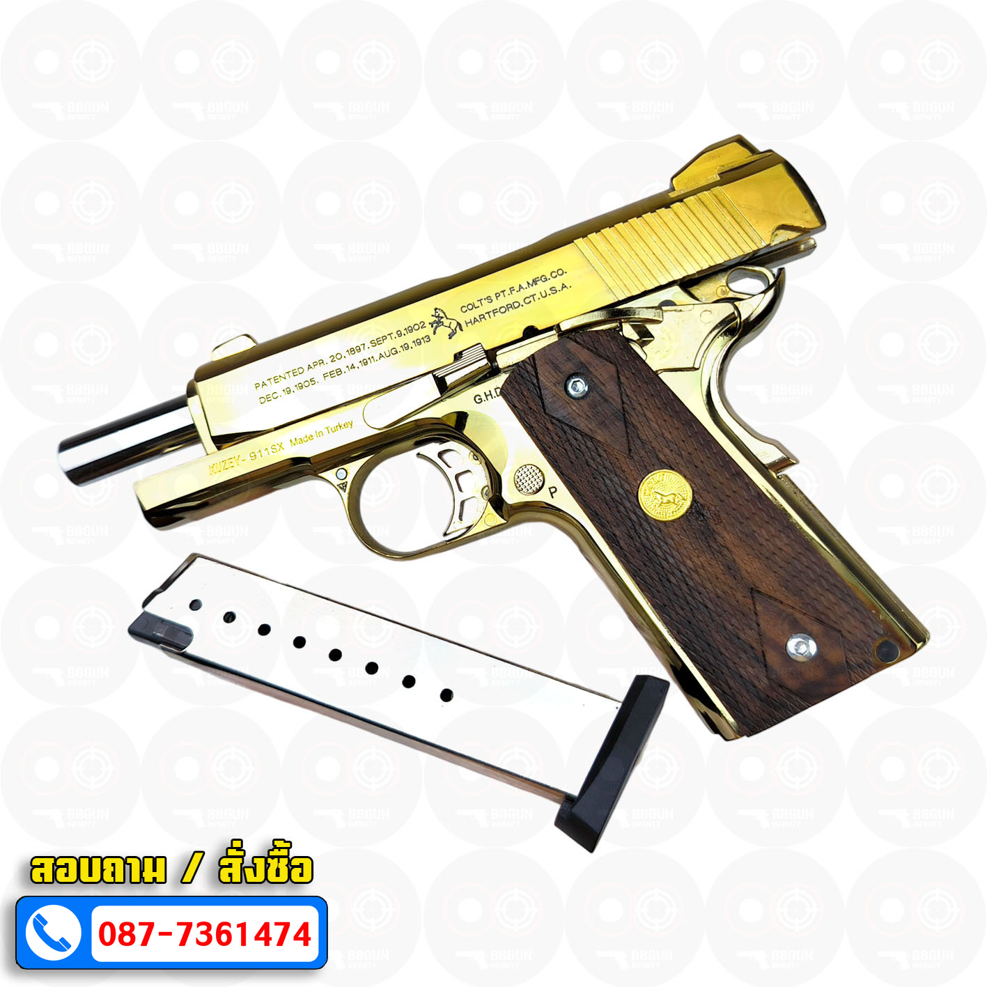 Blank Gun KUZEY M1911 COLT'S 100 ปี สีทอง 4 นิ้ว แบลงค์กัน ด้ามไม้
