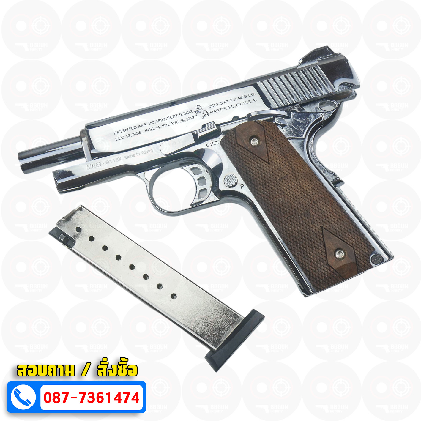 แบลงค์กัน KUZEY M1911 COLT'S 100 ปี สีเงินเงา 4 นิ้ว Blank Gun