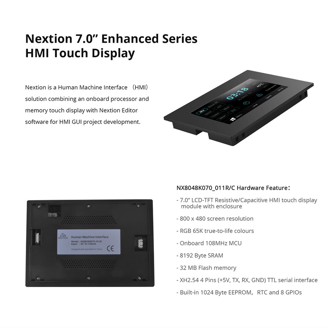 (1ชิ้น) AA380 หน้าจอ Nextion NX8048K070_011C 7 Inch Capacitive Touch Screen Man-machine Interface HMI Kernel Enhanced Version with Protective Shell หน้าจอสัมผัส