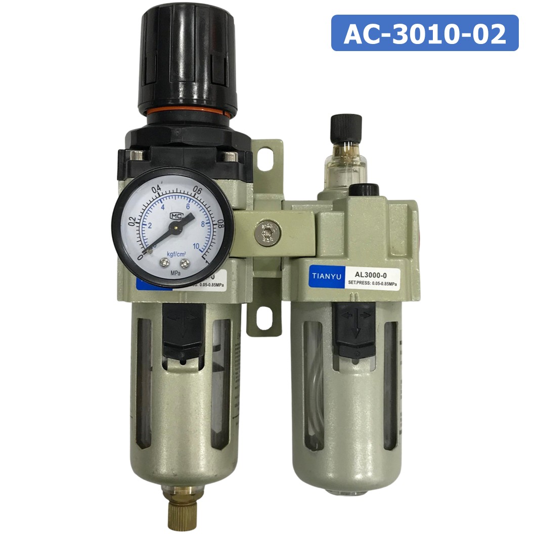 AC3010-02 ชุดกรองลมแบบ 2 ตอน ขนาดเกลียว 1/4" Manual Drain FRL 2 Unit Combination Air Filter, Regulator & Lubricator TIANYU AC-3010-02 G1/4