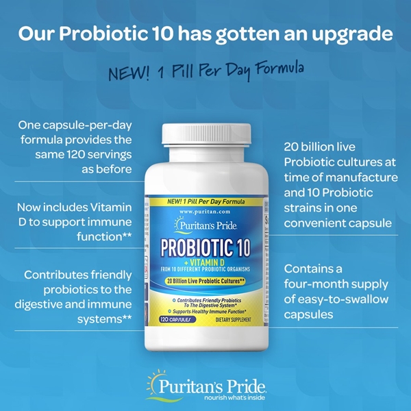 Puritan's pride probiotic 10 / 120 เม็ด, 60 เม็ด ช่วยการทำงานของลำไส้ให้ทำงานได้ดีขึ้น