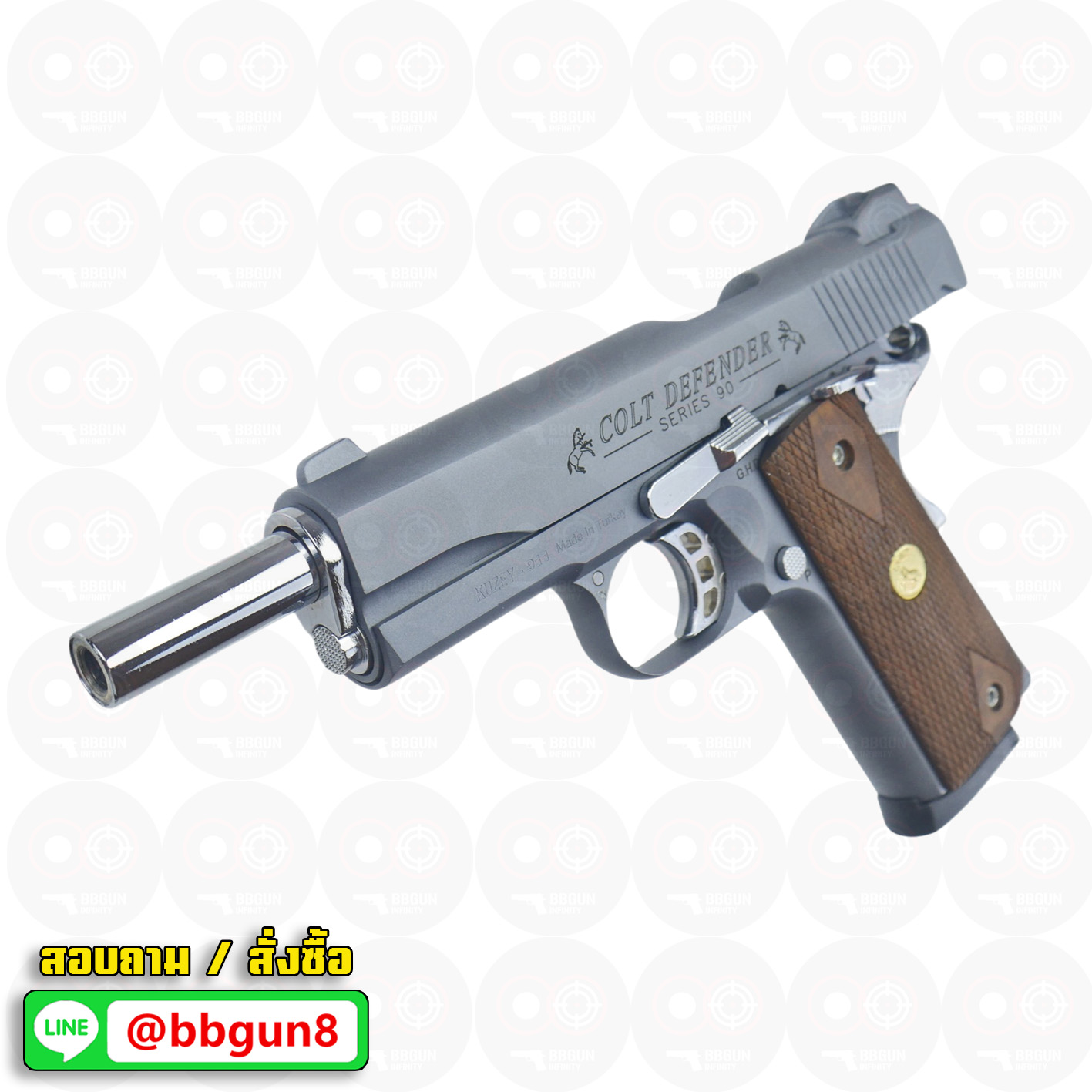 Blank Gun KUZEY M1911 COLT'S DEFENDER SERIES 90 ลำกล้อง 5 นิ้ว สีสโมค แบลงค์กัน ด้ามไม้ (แถมกล่องใส่ปืน)