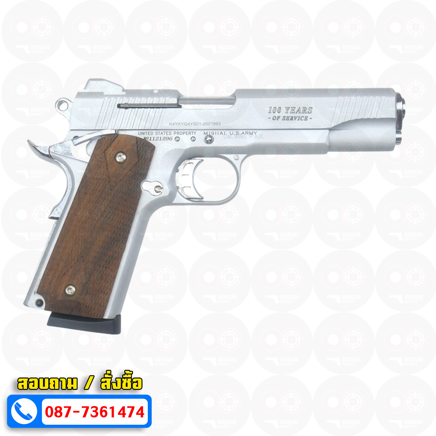 แบลงค์กัน KUZEY M1911 COLT'S 100 ปี สีเงินด้าน 5 นิ้ว ด้ามไม้ blank gun