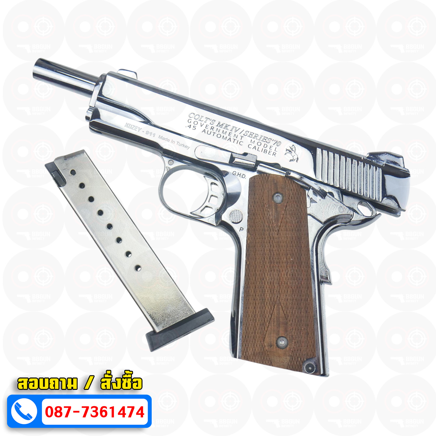 แบลงค์กัน KUZEY M1911 COLT MK IV SR70 สีเงินเงา 5 นิ้ว ด้ามไม้ blank gun
