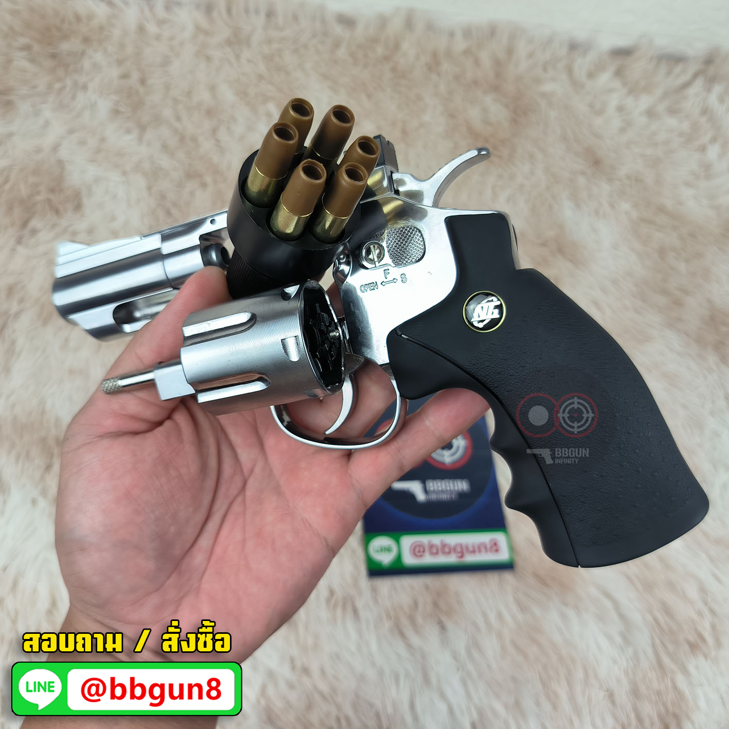 WinGun 708S 2.5 inch Co2 - Silver งานไต้หวัน ปืนบีบีกันลูกโม่ 2.5 นิ้ว สีเงิน - ด้ามดำ