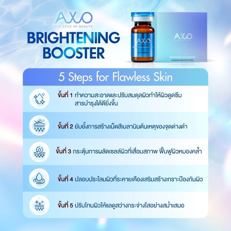 AXO Brightening Booster แอ็กโซไบรทเทนนิ่ง บูสเตอร์ สูตรใหม่ ส่วนผสมเข้มข้นขึ้นกว่าเดิม 1 กล่อง 5 ขวด