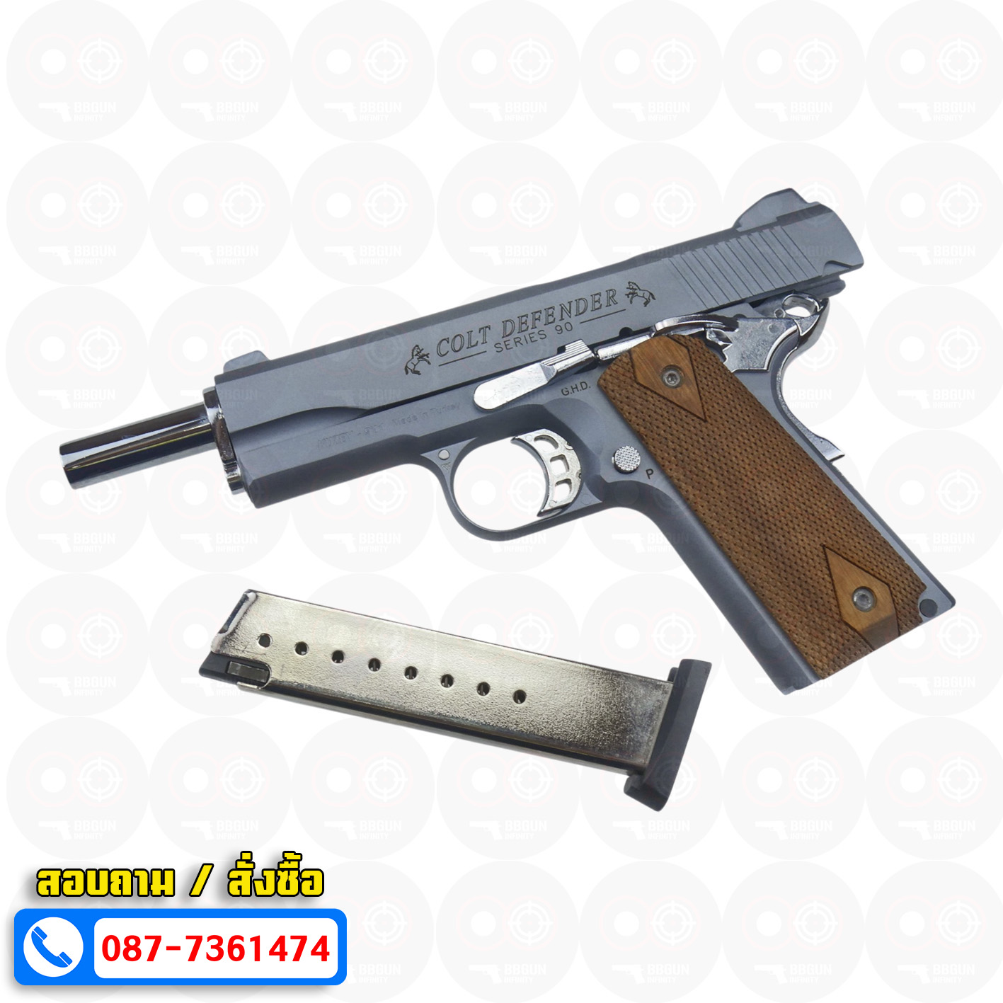 Blank Gun KUZEY M1911 COLT'S DEFENDER SERIES 90 ลำกล้อง 5 นิ้ว สีสโมค แบลงค์กัน ด้ามไม้ (แถมกล่องใส่ปืน)