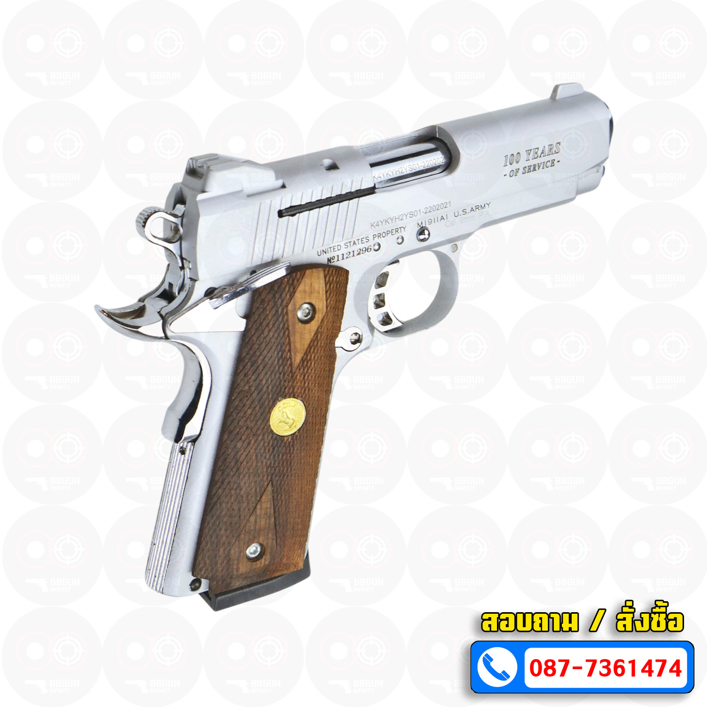 Blank Gun KUZEY Colt Government 100 Years ลํากล้อง 4 นิ้ว เงินด้าน แบลงค์กัน ด้ามไม้ (แถมกล่องใส่ปืน)