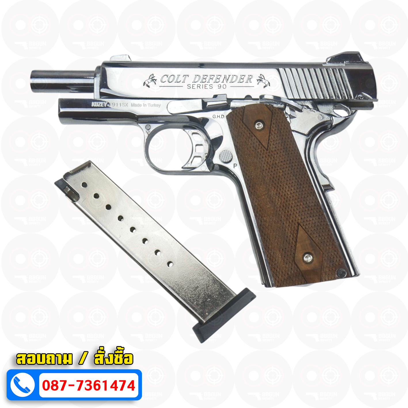 แบลงค์กัน KUZEY M1911 COLT'S DEFENDER SERIES 90 สีเงินเงา 4 นิ้ว ด้ามไม้ Blank Gun