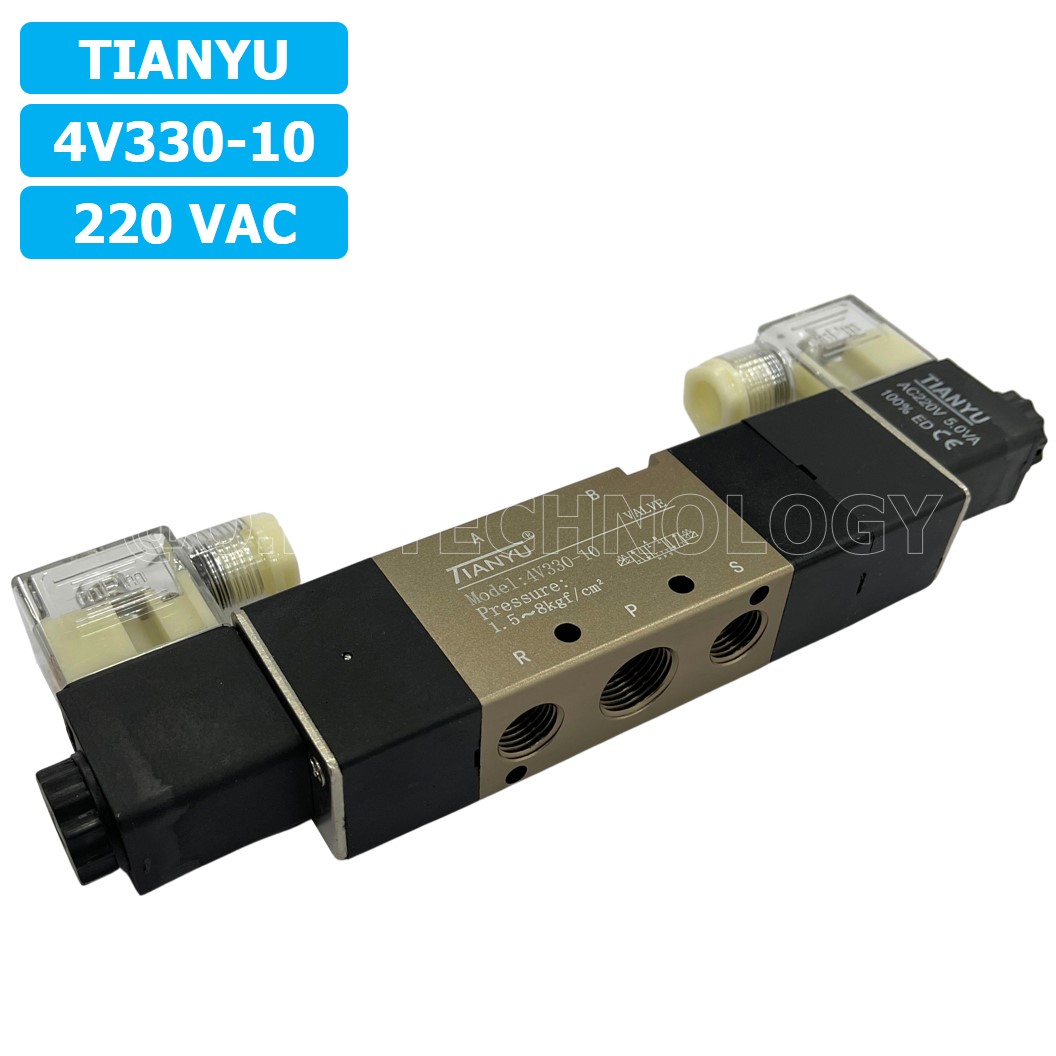 (1ชิ้น) 4V330-10 220VAC โซลินอยด์วาล์ว คอยล์ 2 ข้าง 5/3 Double Coil Solenoid Valve Pneumatic TIANYU