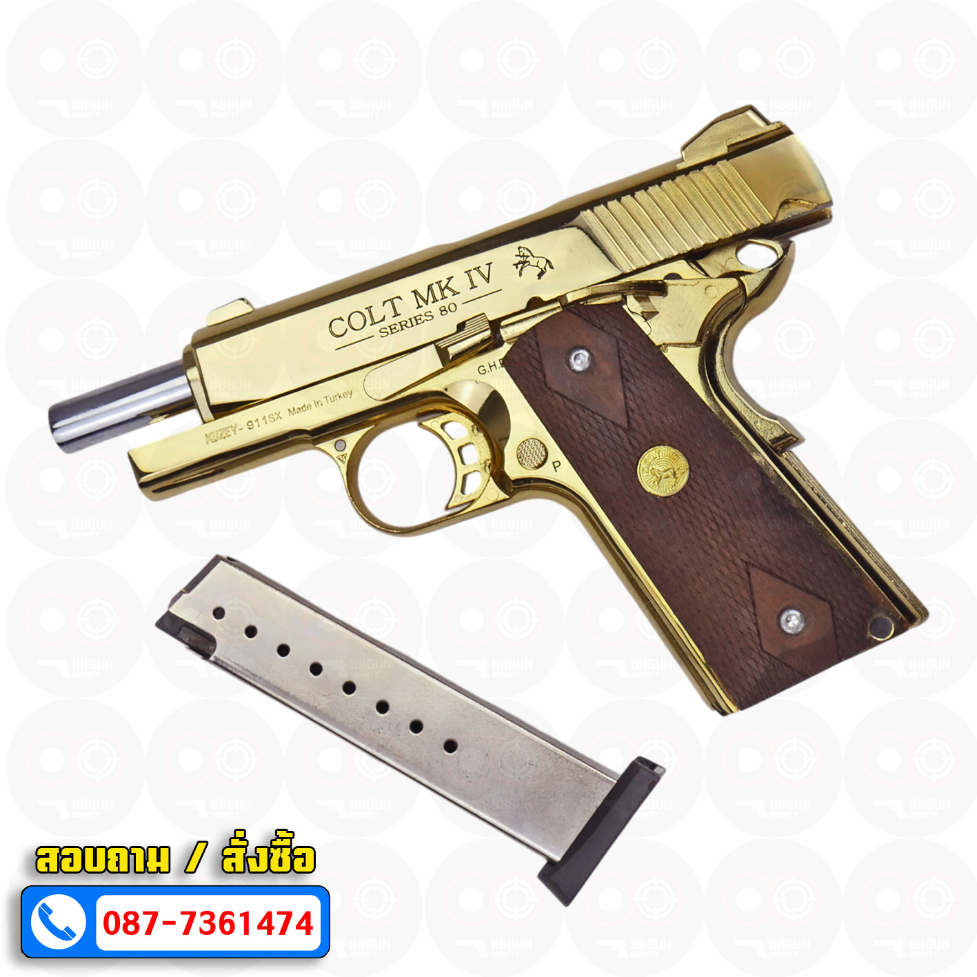 Blank Gun KUZEY M1911 COLT MK IV SERIES 80 ลำกล้อง 4 นิ้ว สีทอง แบลงค์กัน ด้ามไม้