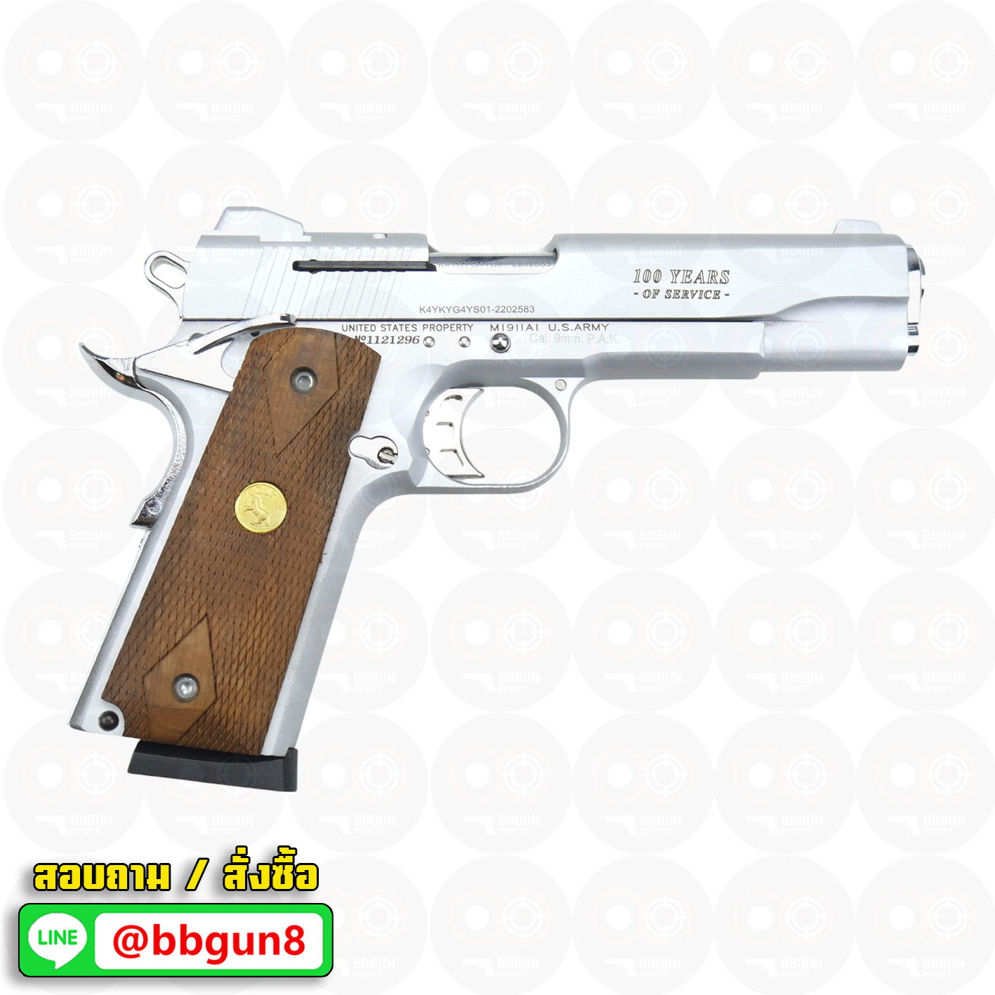 แบลงค์กัน KUZEY M1911 ลำกล้อง 5 นิ้ว COLT GOVERMENT 100 Year สีเงินด้าน blank gun ด้ามไม้