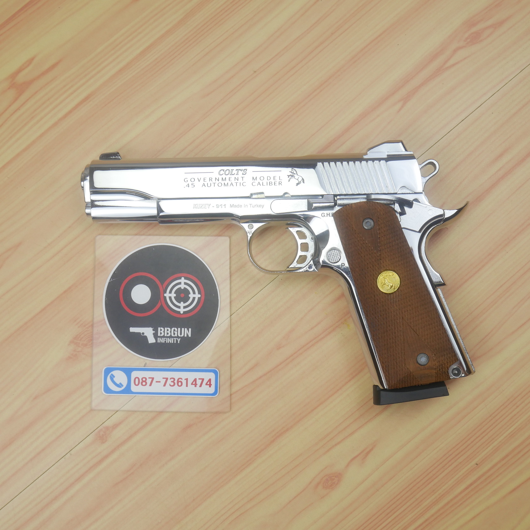 แบลงค์กัน KUZEY M1911 5 นิ้ว COLT GOVERMENT 100 Year สีเงินเงา blank gun ด้ามไม้