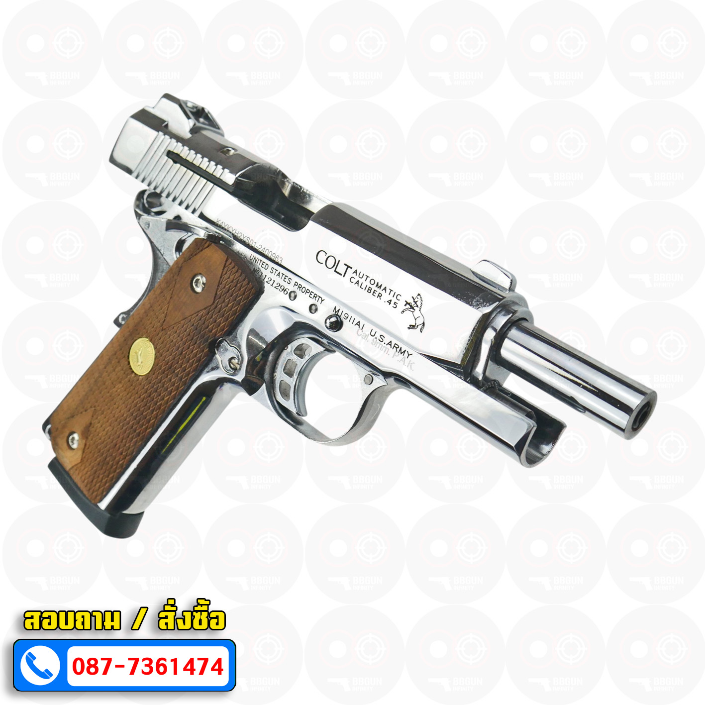 Blank Gun KUZEY M1911 COLT MK IV SERIES 80 ลำกล้อง 4 นิ้ว เงินเงา แบลงค์กัน ด้ามไม้ (แถมกล่องใส่ปืน)
