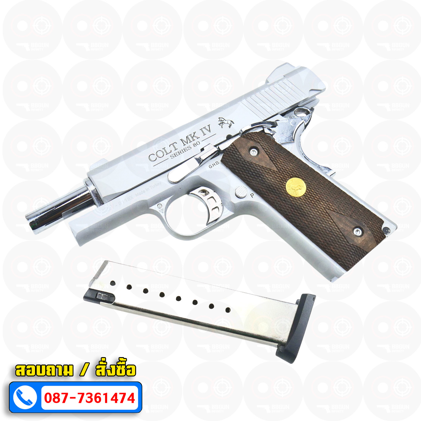 Blank Gun KUZEY M1911 COLT MK IV SERIES 80 ลำกล้อง 4 นิ้ว เงินด้าน แบลงค์กัน ด้ามไม้ (แถมกล่องใส่ปืน)