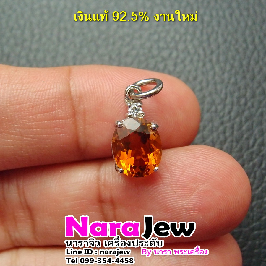 จี้พลอยซิทริน พลอยแท้ สีน้ำโขง น้ำหนัก 2 กะรัต เรือนเงินแท้ 925 ประดับเพชร CZ 1 เม็ด