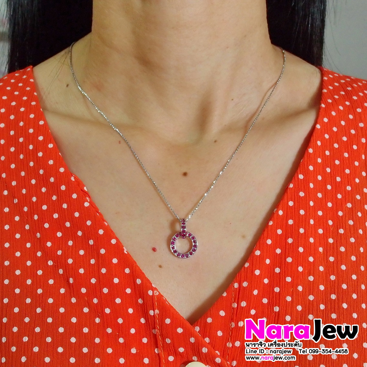 จี้พลอยแท้ พิ้งค์แซฟไฟร์ Pink sapphire ทรงกลม พร้อม สร้อยคอทองแท้ งานนอกอิตาลี ความยาวสร้อยคอ 18 นิ้ว