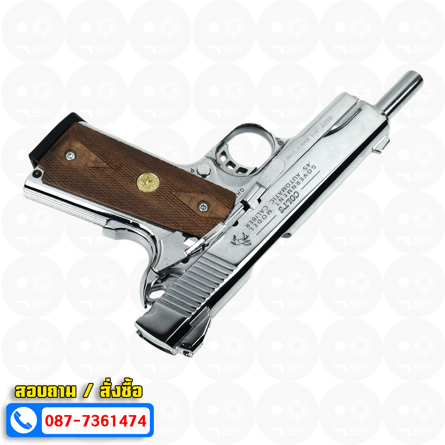 แบลงค์กัน KUZEY M1911 5 นิ้ว COLT GOVERMENT 100 Year สีเงินเงา blank gun ด้ามไม้
