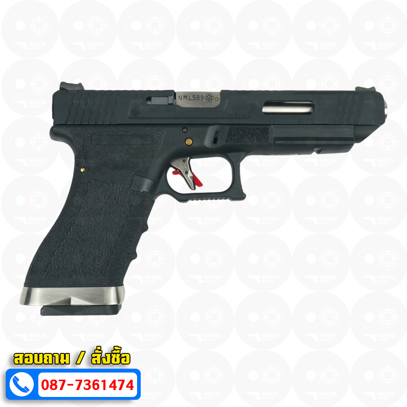 บีบีกันอัดแก๊ส WE G34 T5 G-Force GBB Glock 34 เฟรมดำ สไลด์ดำ ท่อเงิน BB GUN