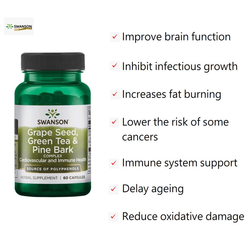 Swanson Grape seed, Green tea, Pine bark complex 60 เม็ด สารสกัดเมล็ดองุ่น,ชาเขียว,เปลือกสน บำรุงผิว ต่อต้านอนุมูลอิสระ