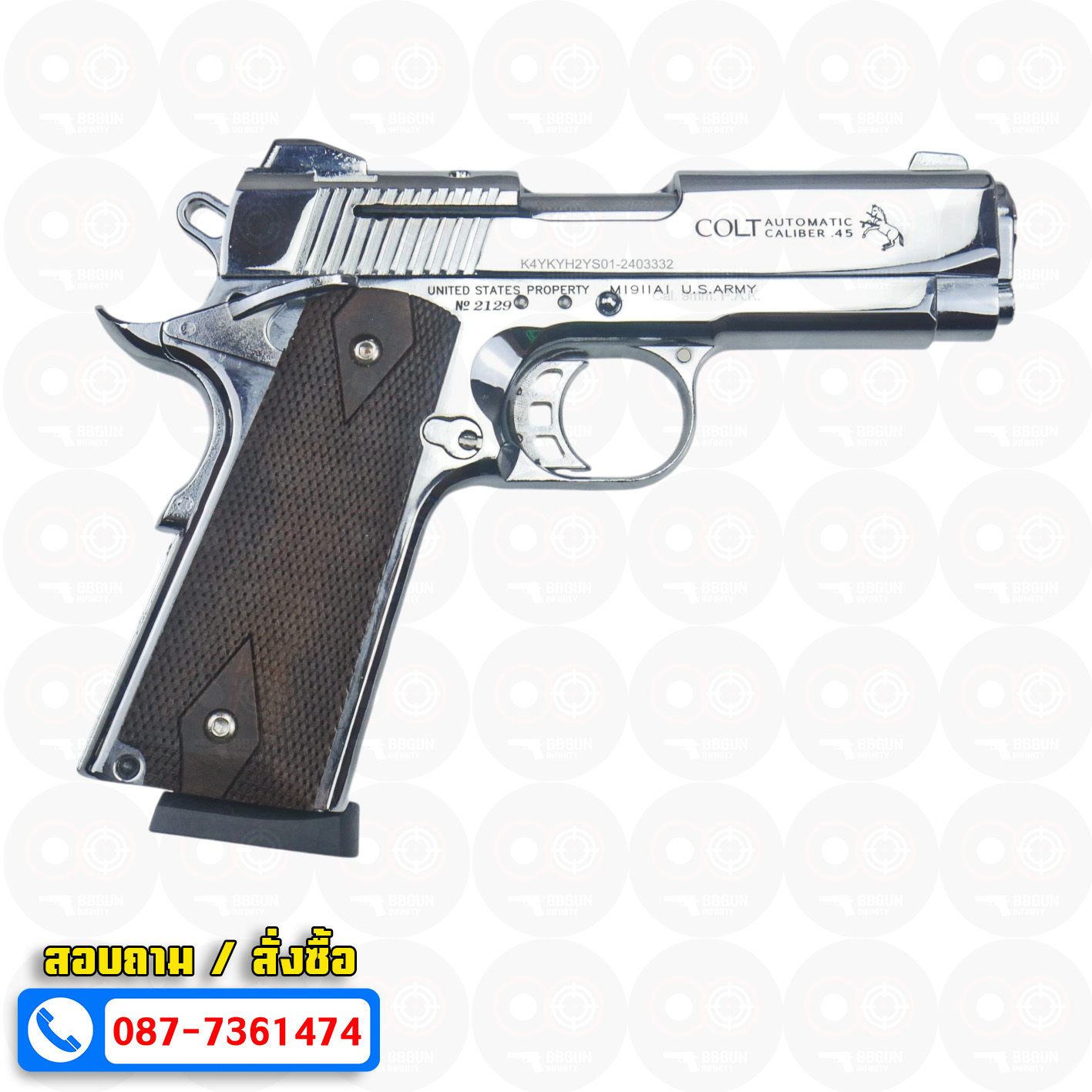 แบลงค์กัน KUZEY M1911 COLT'S MK IV SERIES 80 blank gun สีเงินเงา ลำ 4 นิ้ว ด้ามไม้