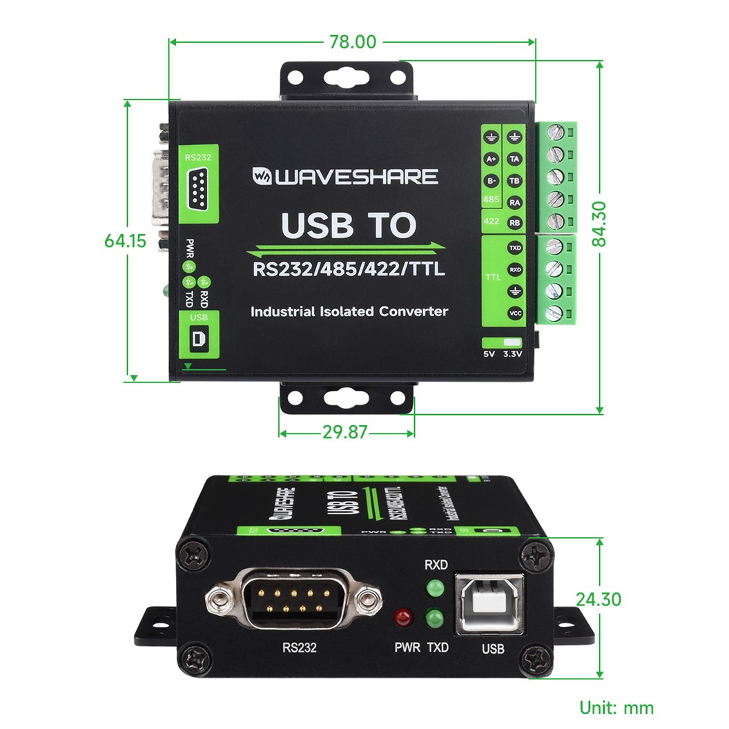 ZE103 WAVESHARE FT232RNL USB TO RS232/485/422/TTL ตัวแปลงสัญญาณ Interface Converter, Industrial Isolation