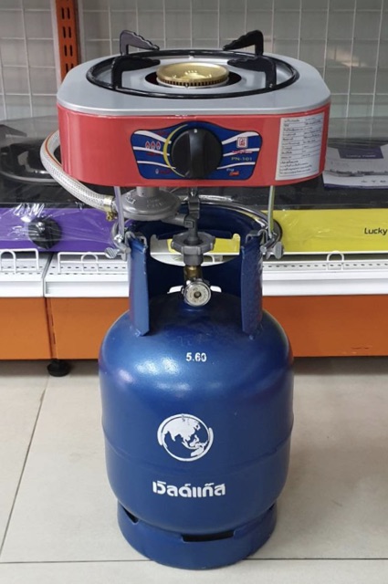 LUCKY FLAME เตาแก๊สลัคกี้เฟลม รุ่น PN-101P พร้อมถังเวิลด์ 4 กก. ไม่รวมน้ำแก๊ส ขาตั้งอยู่ใต้ฝาสีเทา