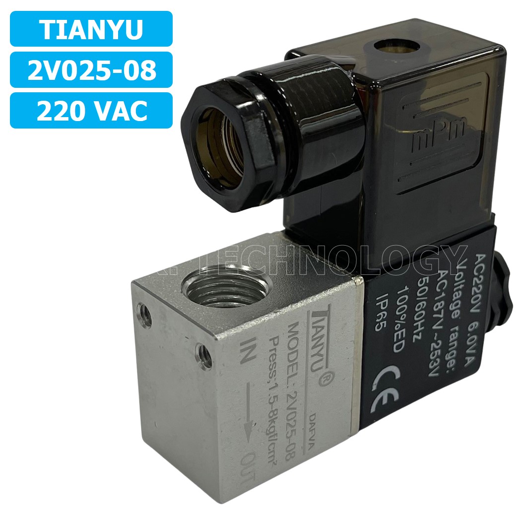 (1ชิ้น) 2V025-08 220VAC โซลินอยด์วาล์ว คอยล์ 1 ข้าง 2/2 Way Single Coil Solenoid Valve Pneumatic TIANYU