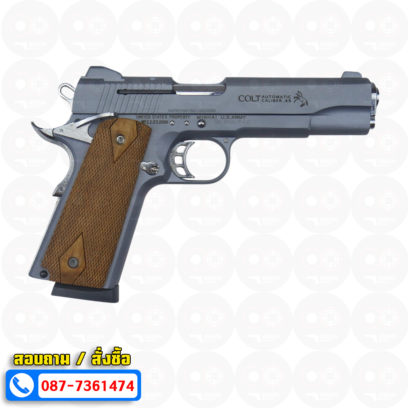 Blank Gun KUZEY M1911 COLT'S DEFENDER SERIES 90 ลำกล้อง 5 นิ้ว สีสโมค แบลงค์กัน ด้ามไม้ (แถมกล่องใส่ปืน)