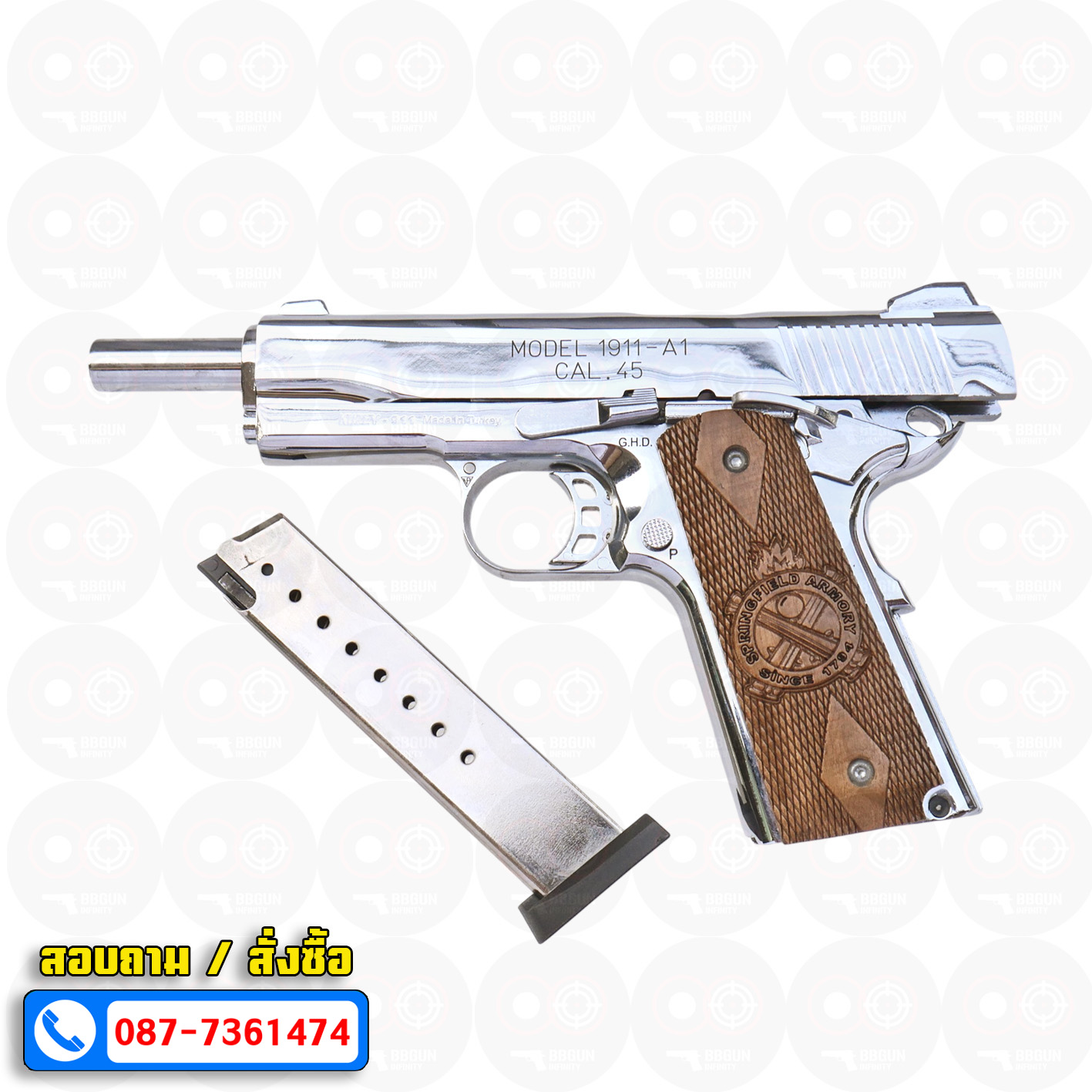 แบลงค์กัน KUZEY M1911-A1 ลำกล้อง 5 นิ้ว SPRINGFIELD ARMORY สีเงินเงา blank gun ด้ามไม้