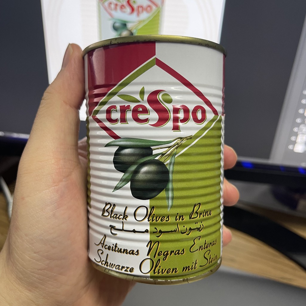 ครีสโป มะกอกดำ (มีเมล็ด) ในน้ำเกลือ น้ำหนักสุทธิ 397 กรัม Crespo Black Olive in Brine Total Weight 397 g.
