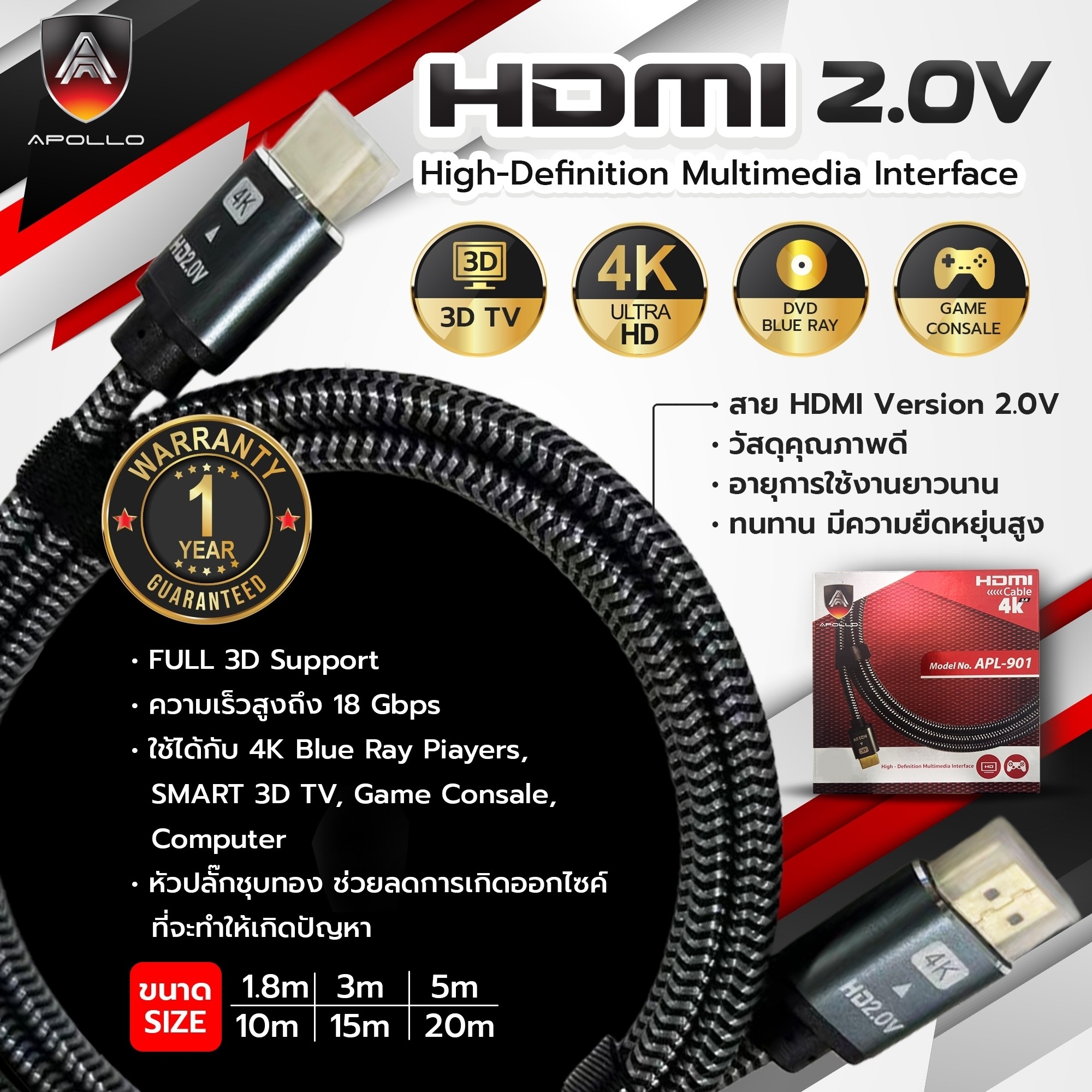 APOLLO HDMI Cable 4K V2.0 รุ่น APL901 สายสัญญาณภาพและเสียง