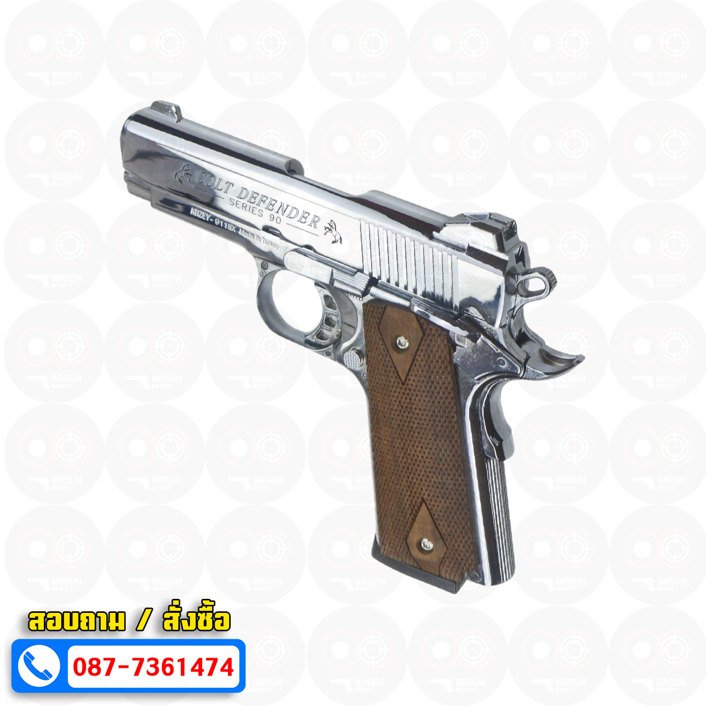 แบลงค์กัน KUZEY M1911 COLT'S DEFENDER SERIES 90 สีเงินเงา 4 นิ้ว ด้ามไม้ Blank Gun