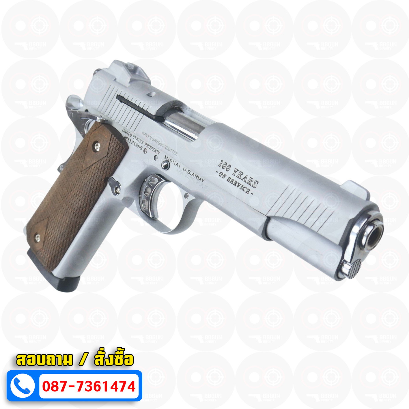 แบลงค์กัน KUZEY M1911 COLT GOVERMENT 100 Year สีเงินด้าน ลำกล้อง 5 นิ้ว blank gun ด้ามไม้