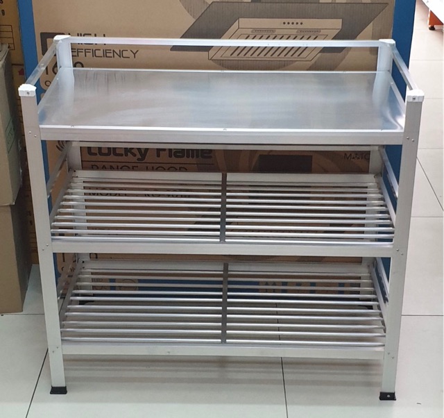 ชั้นวางเตาแก๊สวางของ 3 ชั้น ไม่รวมเตา ชั้นบนแผ่นอลูมิเนียมเรียบ 41x80x80 ซม.